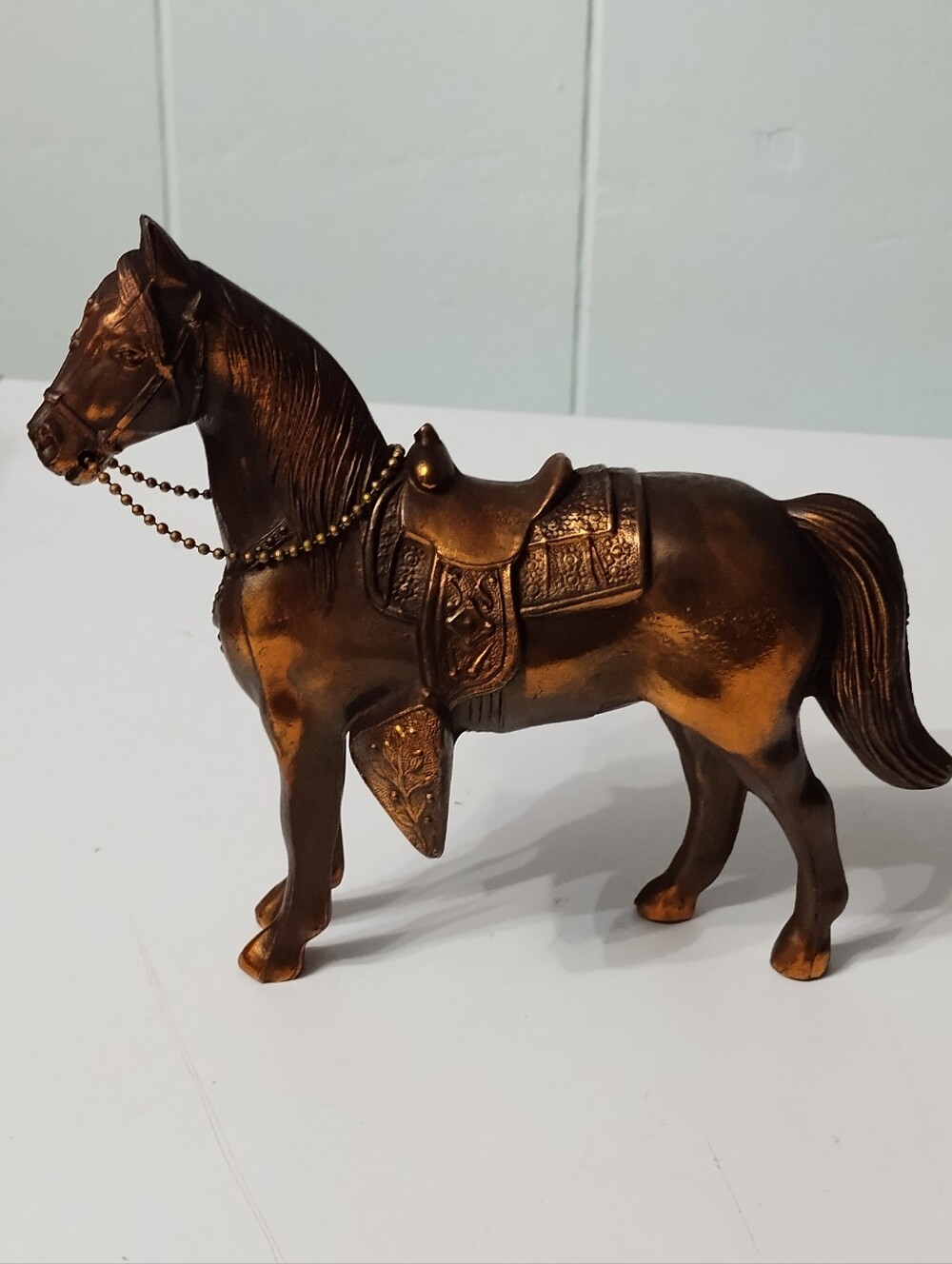 Vintage Mid Century Copper-Tone Decorative Horse Figurine with Saddle